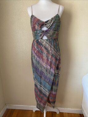 Saylor Lissandra Vibrant Rainbow Sequin Cutout Cocktail Midi Dress